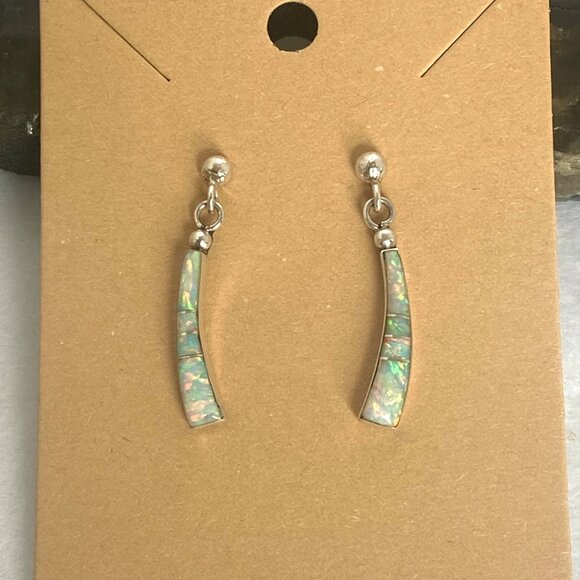 VTG Sterling Silver 925 Signed Navajo Opal Inlay Pierced Dangle Drop Earrings - Picture 1 of 16